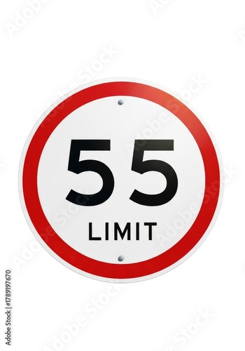 A circular white sign with a red border displays the number 55 and the word LIMIT in black text secured by two silver rivets