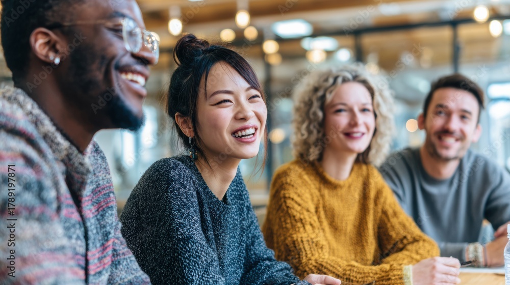 Fototapeta premium Team Members Share a Joyful Moment During a Meeting in a Modern Office Space With a Relaxed Atmosphere