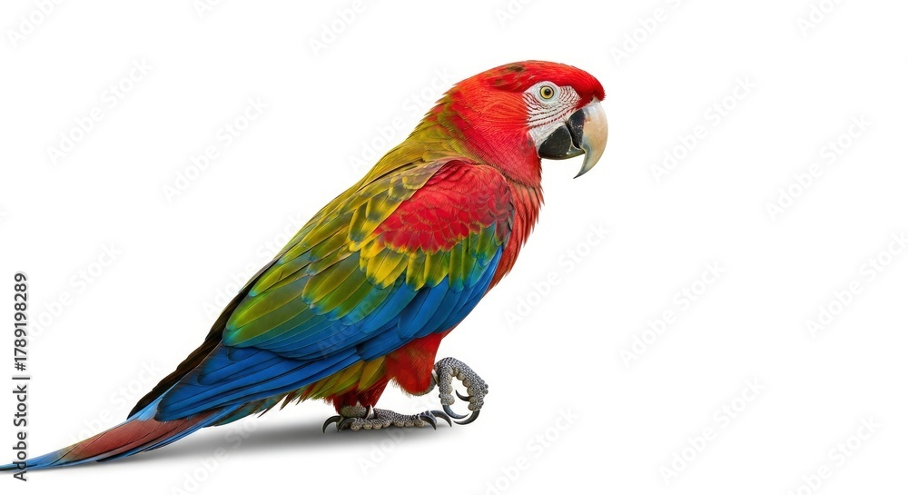 Obraz premium A colorful parrot with red green yellow and blue feathers stands on a white background looking to the right Its strong beak and detailed claws are visible