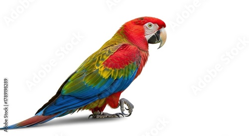 A colorful parrot with red green yellow and blue feathers stands on a white background looking to the right Its strong beak and detailed claws are visible