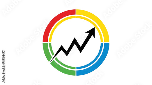 Vector illustration of circular graph with upward trending arrow and segmented color sections on a transparent background