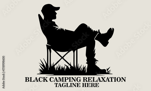 silhouette black camping relaxation a person lounging in a camping chair illustration vector,  backpacking day vector illustration