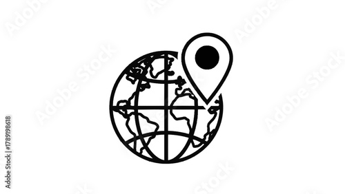 Vector illustration of globe with a location pin icon, representing global positioning and travel on a transparent background
