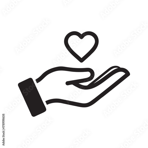 Hand holding heart icon, simple black outline on