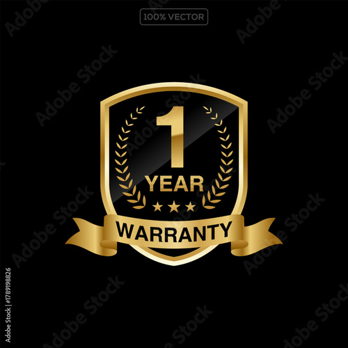 1 years warranty shield badge label icon. Gold shield guarantee logo with stars illustration