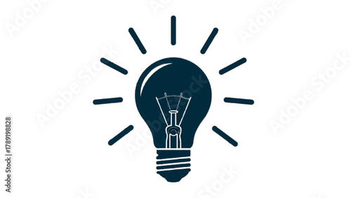 Vector illustration of stylized dark blue light bulb with radiating lines, representing an idea or inspiration on a transparent background