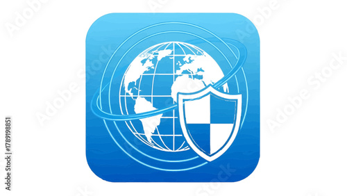 Vector illustration of digital security shield protecting the globe with orbiting lines, on a transparent background