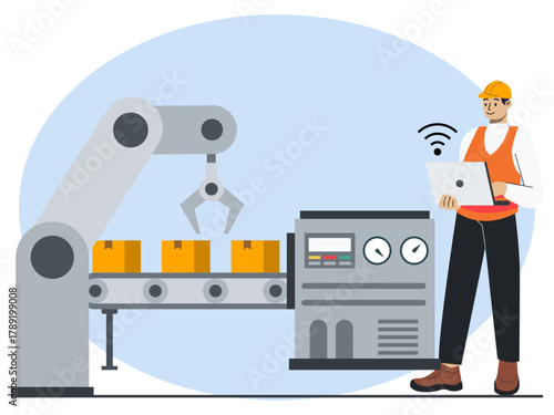 Factory workers working with laptop monitoring manufacturing process, high tech machinery. Industry vector illustration. Flat illustration concept.
