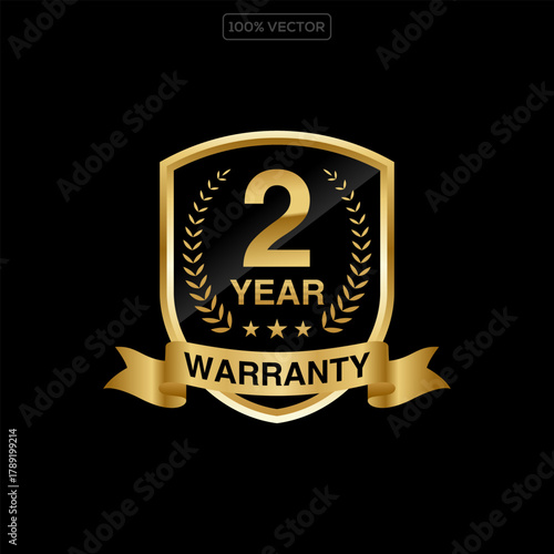 2 years warranty shield badge label icon. Gold shield guarantee logo with stars illustration