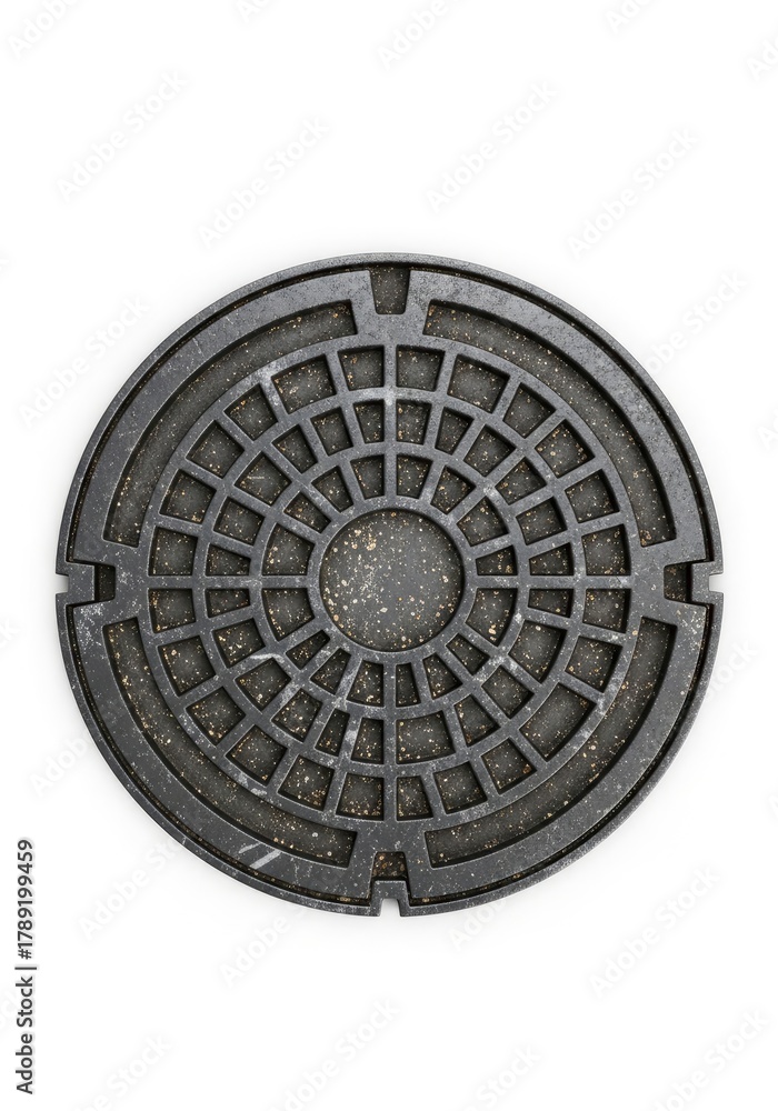 Obraz premium A dark round metal manhole cover with a concentric grid pattern speckled with dirt isolated on a clean white background
