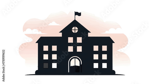 Vector illustration of silhouette of a school building with a flag on top, on a transparent background