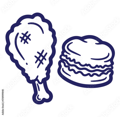 Vector illustration of fried chicken and biscuit food menu icon in flat design