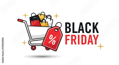 Black Friday Shopping Cart with Sale Tag and Shopping Bags Illustration for Deals