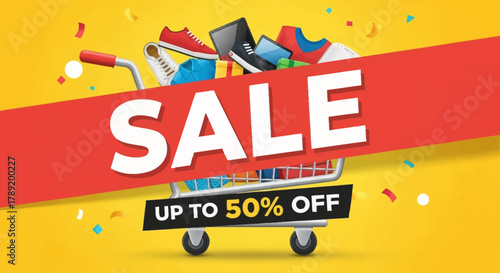 Sale Promotion with Shopping Cart Filled with Merchandise - Up to 50% Off