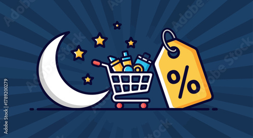 Nighttime shopping cart filled with products, discount tag and crescent moon with stars illustration
