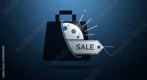 Illustrative depiction of a glowing sale event, featuring a stylish shopping bag bursting with cosmic light to signify premium discounts and unique shopping deals