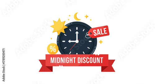 Midnight Discount Sale Event with Clock and Percent Symbol Indicating Special Offers and Savings