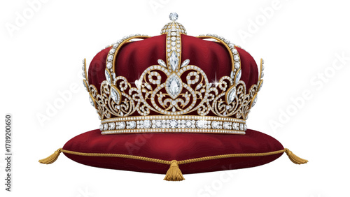 Vector illustration of ornate red velvet royal crown adorned with diamonds and jewels resting on a cushion on a transparent background
