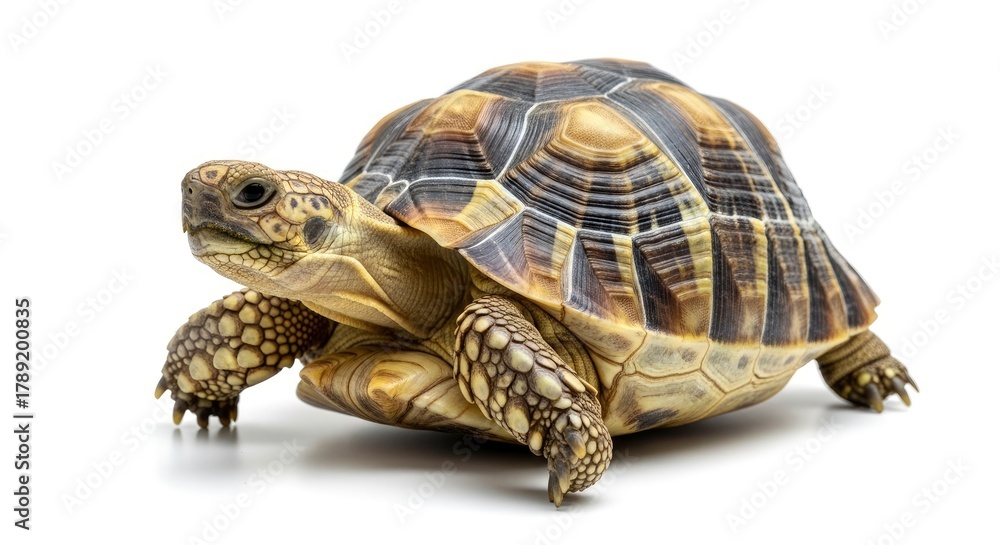 Obraz premium A land tortoise is positioned on a pure white surface showcasing its patterned domed shell and scaly skin