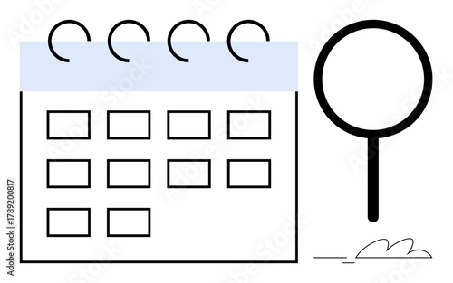 Calendar page with magnifying glass indicating date focus, time management, or event search. Ideal for scheduling, planning, organization, productivity, deadlines, appointments simple flat metaphor