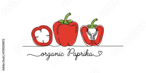 Minimalist vector of three red bell peppers. Designed in a continuous line style with elegant cursive “organic Paprika” text. Ideal for organic food packaging, farm-to-table marketing, nutrition blogs