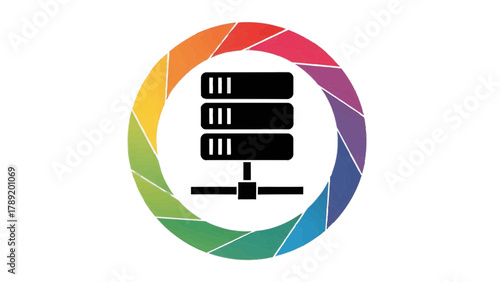 Vector illustration of server rack icon with network connection symbol inside a colorful aperture on a transparent background