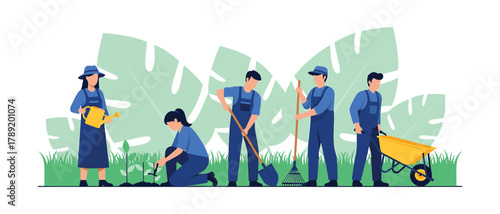Teamwork in the garden concept illustration of people working outdoors