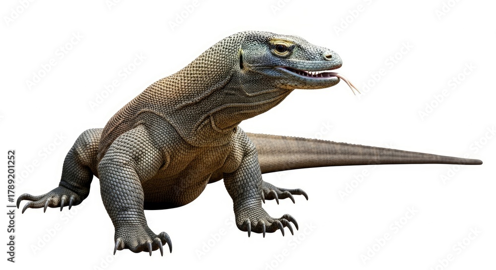 Obraz premium A large grey lizard with prominent scales and claws is shown on a white background extending its forked tongue