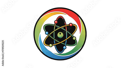 Vector illustration of abstract atom model with colorful orbiting electrons on a transparent background