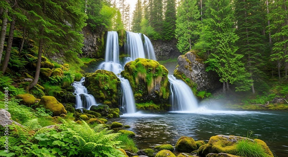 Naklejka premium Majestic waterfalls cascade through a vibrant, moss-covered forest, creating a serene and picturesque natural landscape with crystal-clear waters flowing over ancient rocks
