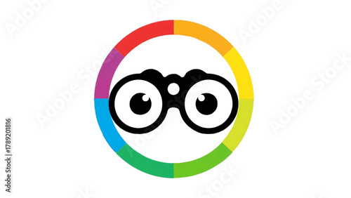Vector illustration of cartoon binoculars with big eyes inside a colorful circle on a transparent background
