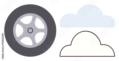 Wheel with light gray details next to filled and outlined cloud shapes. Ideal for transport, weather, innovation, sustainability, travel, infrastructure, simple flat metaphor