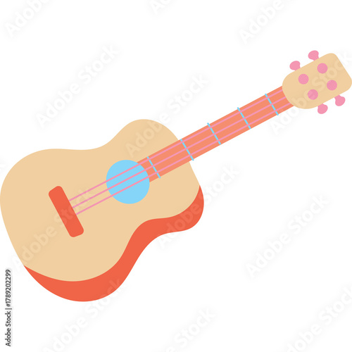 Acoustic Guitar With Light Wood Body Red Rim And Blue Circular Design And Pink Strings On Transparent Background