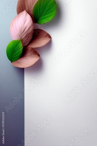 A delicate arrangement of pink and green leaves is placed on a clean, minimalist background with a soft gradient.