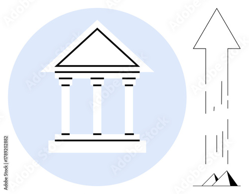 Classic three-column building symbolizing institutions paired with an upward arrow showing growth, advancement, and progress. Ideal for education, finance, government, stability, success, goals