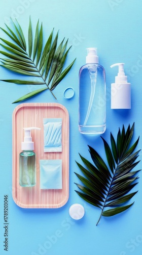 A flat lay composition of skincare products, including bottles and packets, arranged with lush green palm leaves on a clean blue surface.