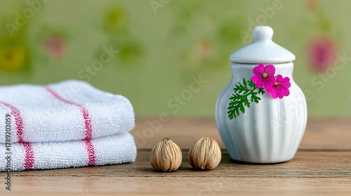 A still life arrangement featuring folded white towels with pink stripes, a white ceramic jar adorned with pink flowers and green leaves, and two dried seed pod