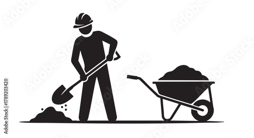 A construction worker uses a shovel to move dirt into a wheelbarrow, symbolizing labor and building processes on a white background.