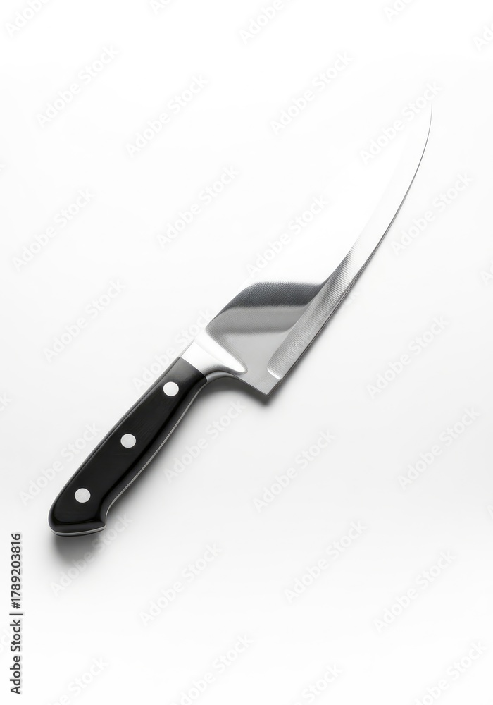 Obraz premium A sharp shiny chefs knife with a black handle and three silver rivets is angled diagonally on a bright white background