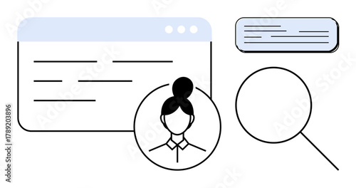 Magnifying glass, profile avatar, and interface windows suggest online search, verification, user research. Ideal for recruitment, HR, data analysis feedback browsing technology. Simple flat