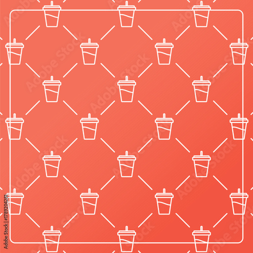 Seamless pattern on an orange background with boba cup icons. Line design for posters, social media, and banner templates.