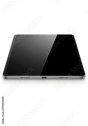A sleek electronic tablet with a dark screen USB-C port and speaker grilles presented on a white background