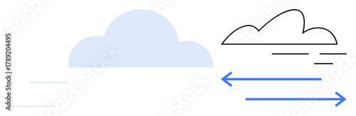 Blue cloud, arrows symbolizing movement, and dashed lines. Ideal for cloud storage, data transfer, technology, connectivity, digital communication networking innovation themes. Simple flat metaphor