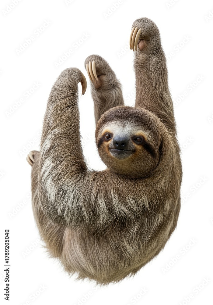 Naklejka premium A smiling sloth hangs suspended by its long claws against a bright white background its shaggy fur and distinct facial markings visible