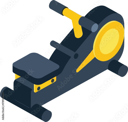 Isometric illustration of a rowing machine with black and yellow accents.