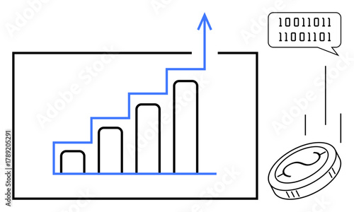 Bar graph with upward arrow, falling coin, binary code reflecting digital analysis, success, and growth. Ideal for business, finance, technology, innovation progress strategy simple flat metaphor