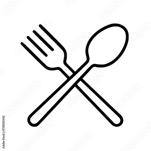 A simple black and white line drawing of a fork and spoon crossed over each other.