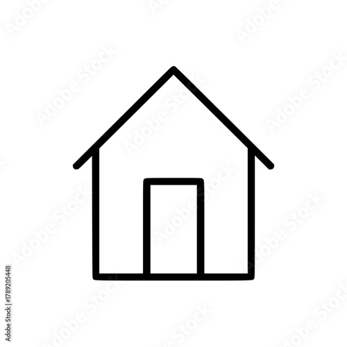 A simple, minimalist black and white line drawing of a house with a door.
