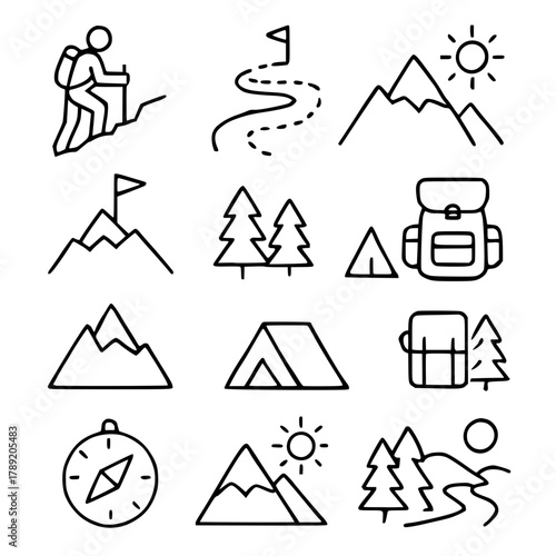 A collection of simple line art icons representing various aspects of hiking and outdoor adventure.