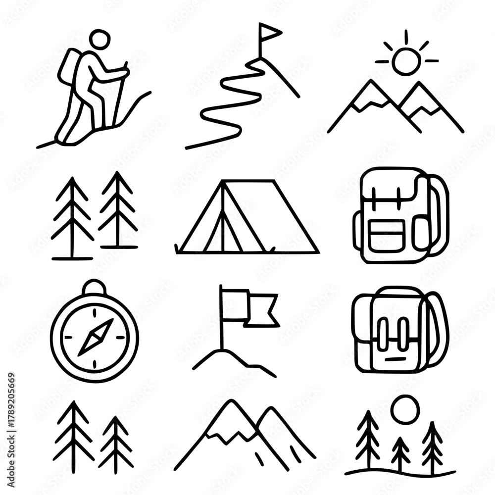 Obraz premium A collection of simple line art icons representing various aspects of hiking and outdoor adventure.